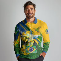 Brazil Independence Day Long Sleeve Polo Shirt One Nation One Heart - Tropical Toucan Macaw Christ Redeemer