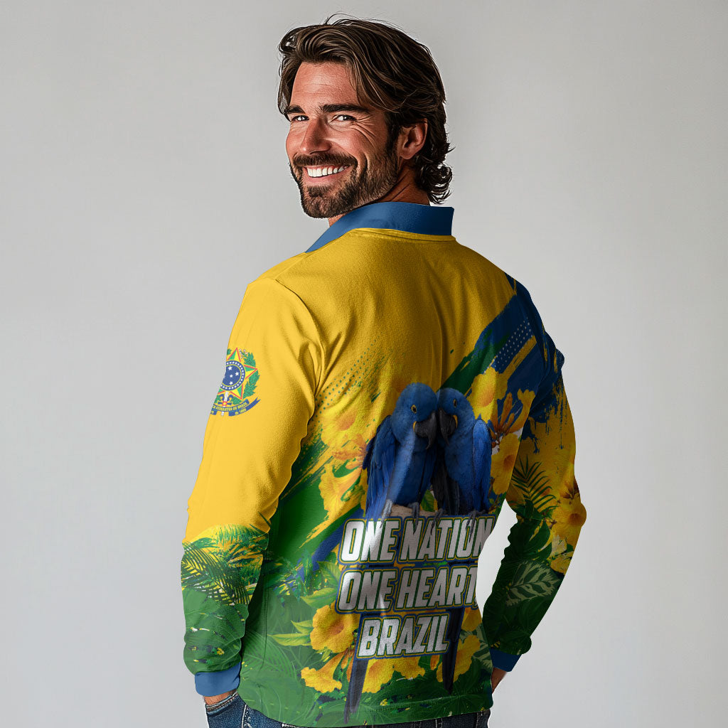 Brazil Independence Day Long Sleeve Polo Shirt One Nation One Heart - Tropical Toucan Macaw Christ Redeemer