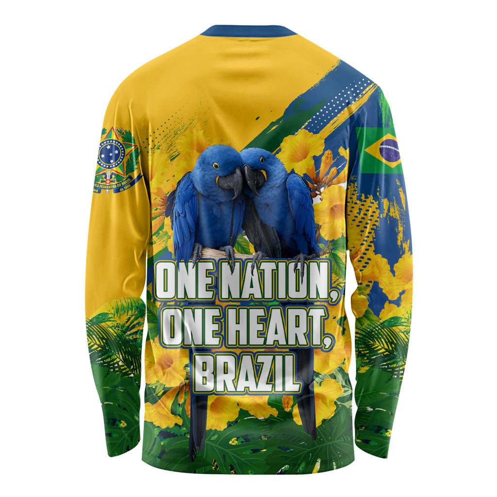 Brazil Independence Day Long Sleeve Shirt One Nation One Heart - Tropical Toucan Macaw Christ Redeemer