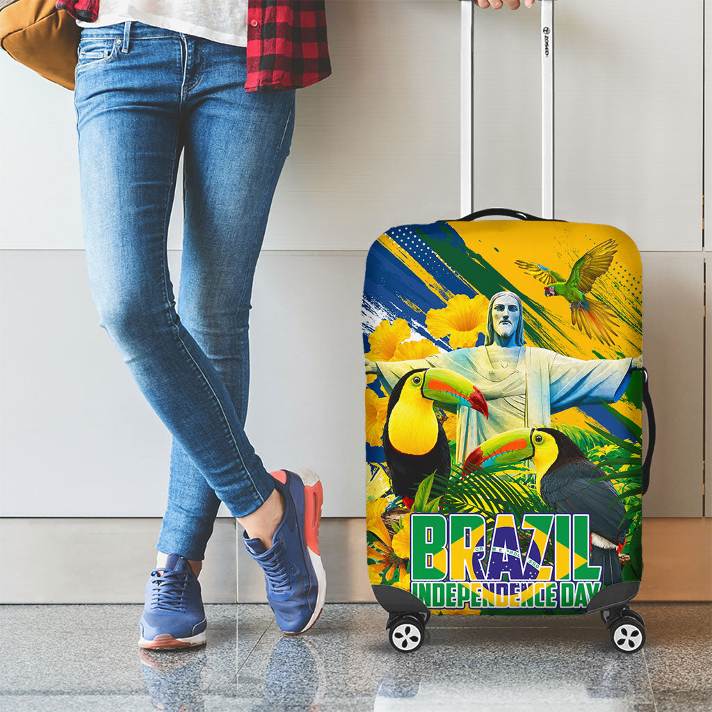Brazil Independence Day Luggage Cover One Nation One Heart - Tropical Toucan Macaw Christ Redeemer