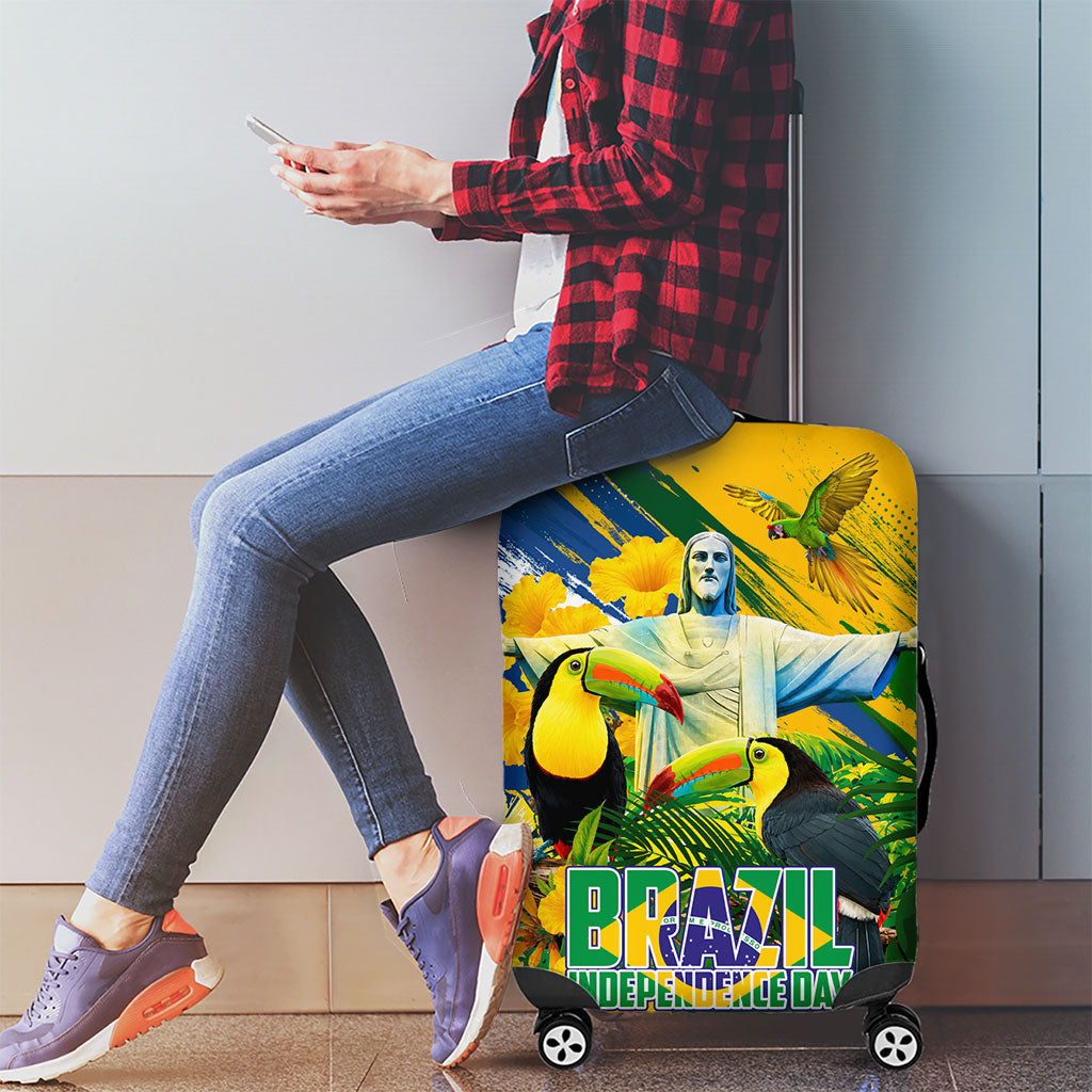 Brazil Independence Day Luggage Cover One Nation One Heart - Tropical Toucan Macaw Christ Redeemer