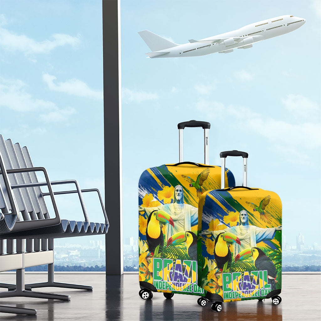 Brazil Independence Day Luggage Cover One Nation One Heart - Tropical Toucan Macaw Christ Redeemer