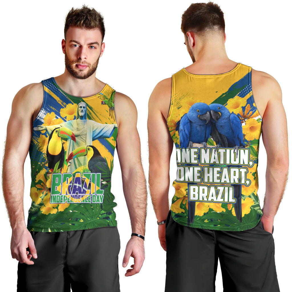 Brazil Independence Day Men Tank Top One Nation One Heart - Tropical Toucan Macaw Christ Redeemer