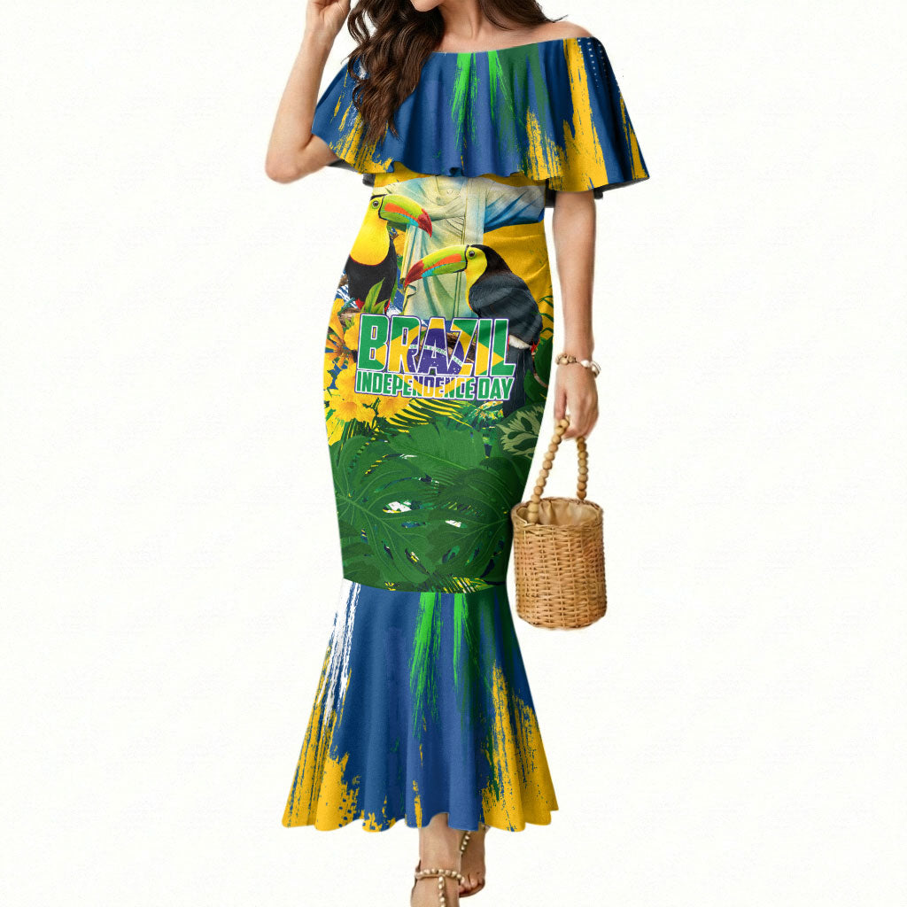 Brazil Independence Day Mermaid Dress One Nation One Heart - Tropical Toucan Macaw Christ Redeemer