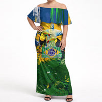 Brazil Independence Day Off Shoulder Maxi Dress One Nation One Heart - Tropical Toucan Macaw Christ Redeemer