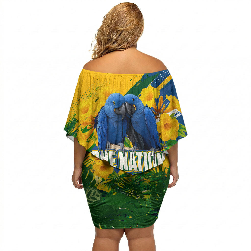 Brazil Independence Day Off Shoulder Short Dress One Nation One Heart - Tropical Toucan Macaw Christ Redeemer