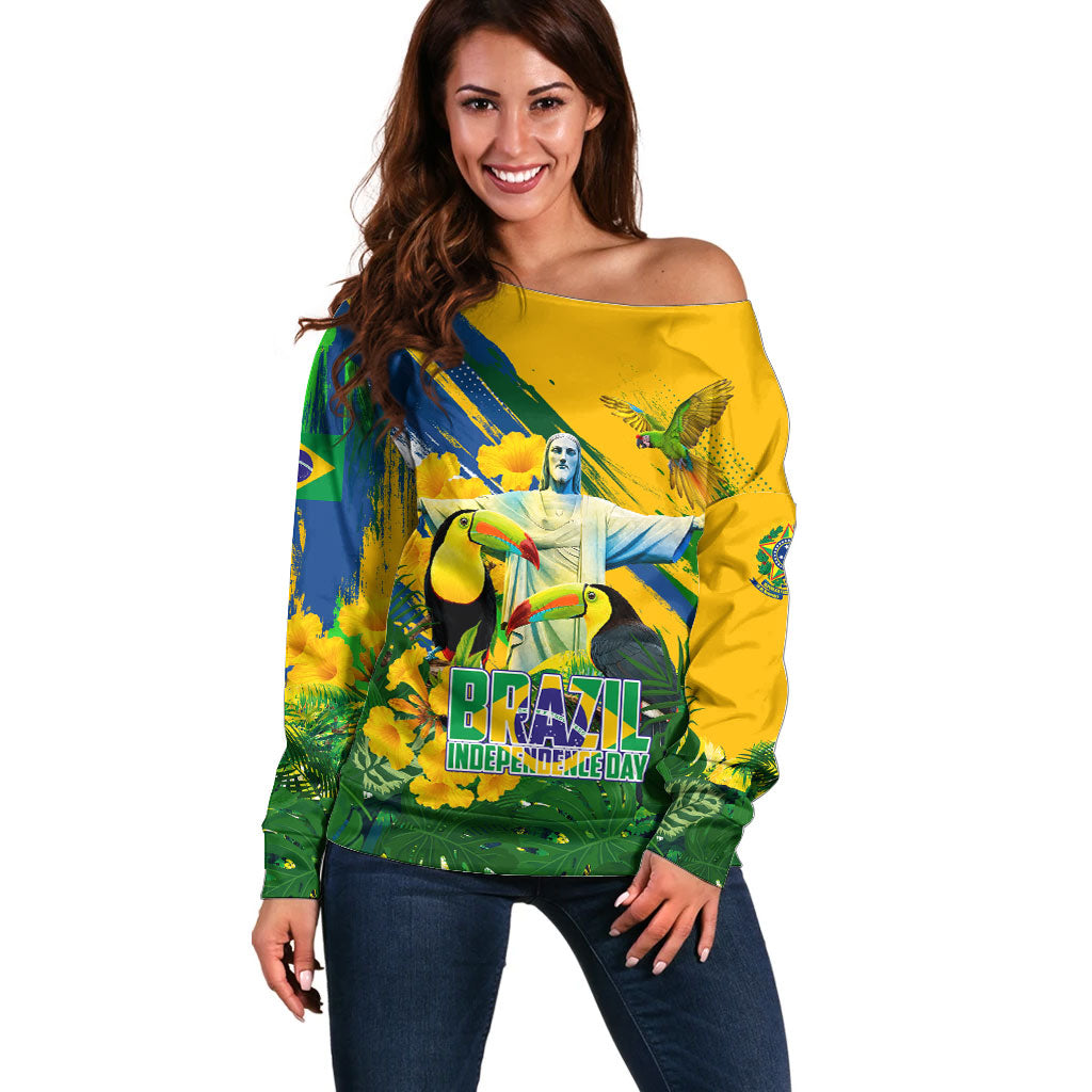 Brazil Independence Day Off Shoulder Sweater One Nation One Heart - Tropical Toucan Macaw Christ Redeemer
