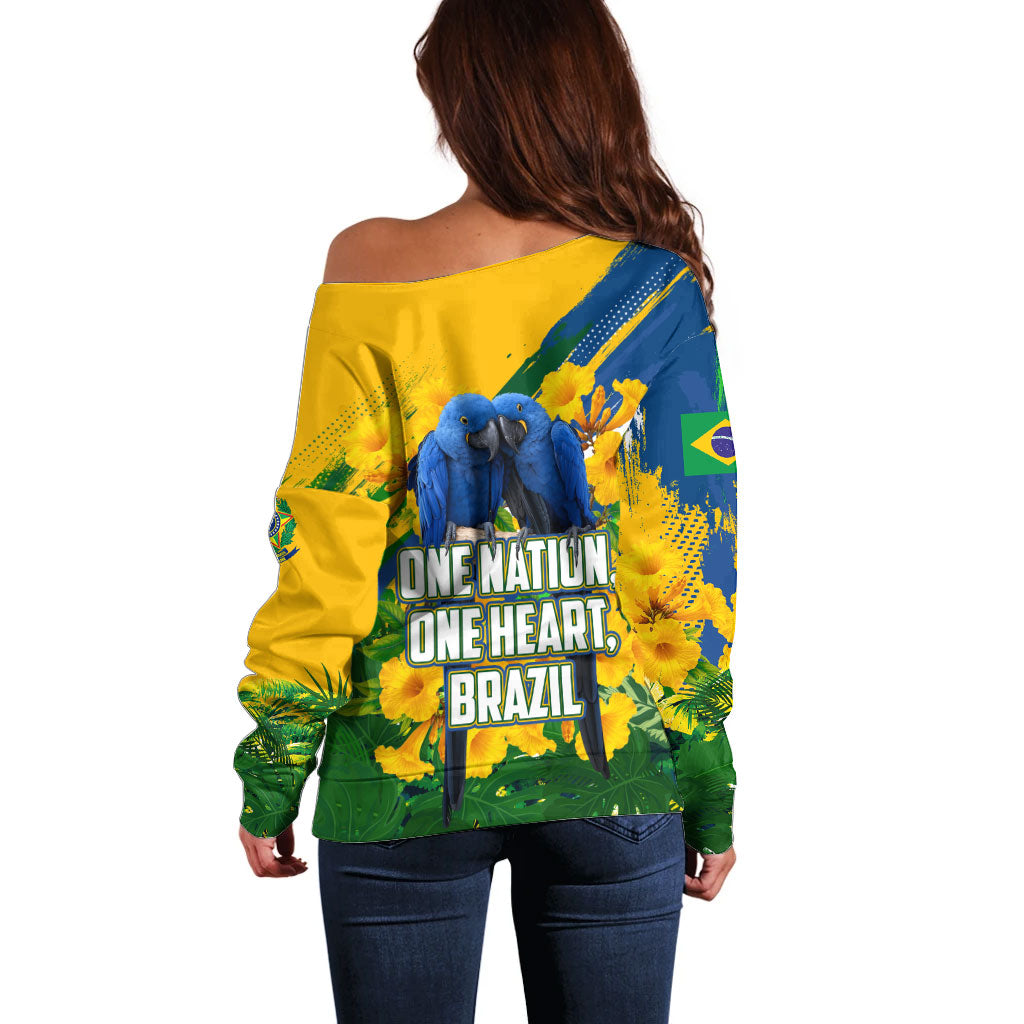 Brazil Independence Day Off Shoulder Sweater One Nation One Heart - Tropical Toucan Macaw Christ Redeemer