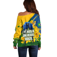 Brazil Independence Day Off Shoulder Sweater One Nation One Heart - Tropical Toucan Macaw Christ Redeemer