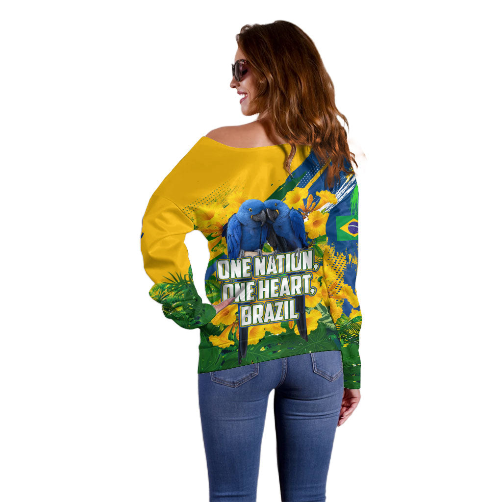 Brazil Independence Day Off Shoulder Sweater One Nation One Heart - Tropical Toucan Macaw Christ Redeemer