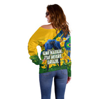 Brazil Independence Day Off Shoulder Sweater One Nation One Heart - Tropical Toucan Macaw Christ Redeemer