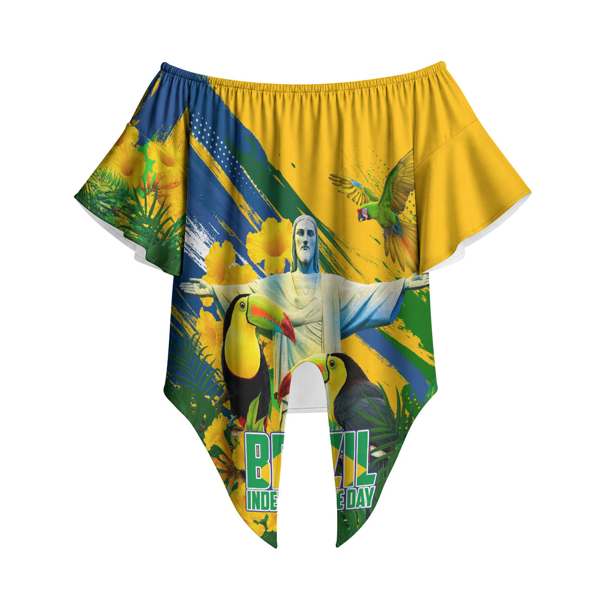Brazil Independence Day Off Shoulder Wrap Waist Top One Nation One Heart - Tropical Toucan Macaw Christ Redeemer