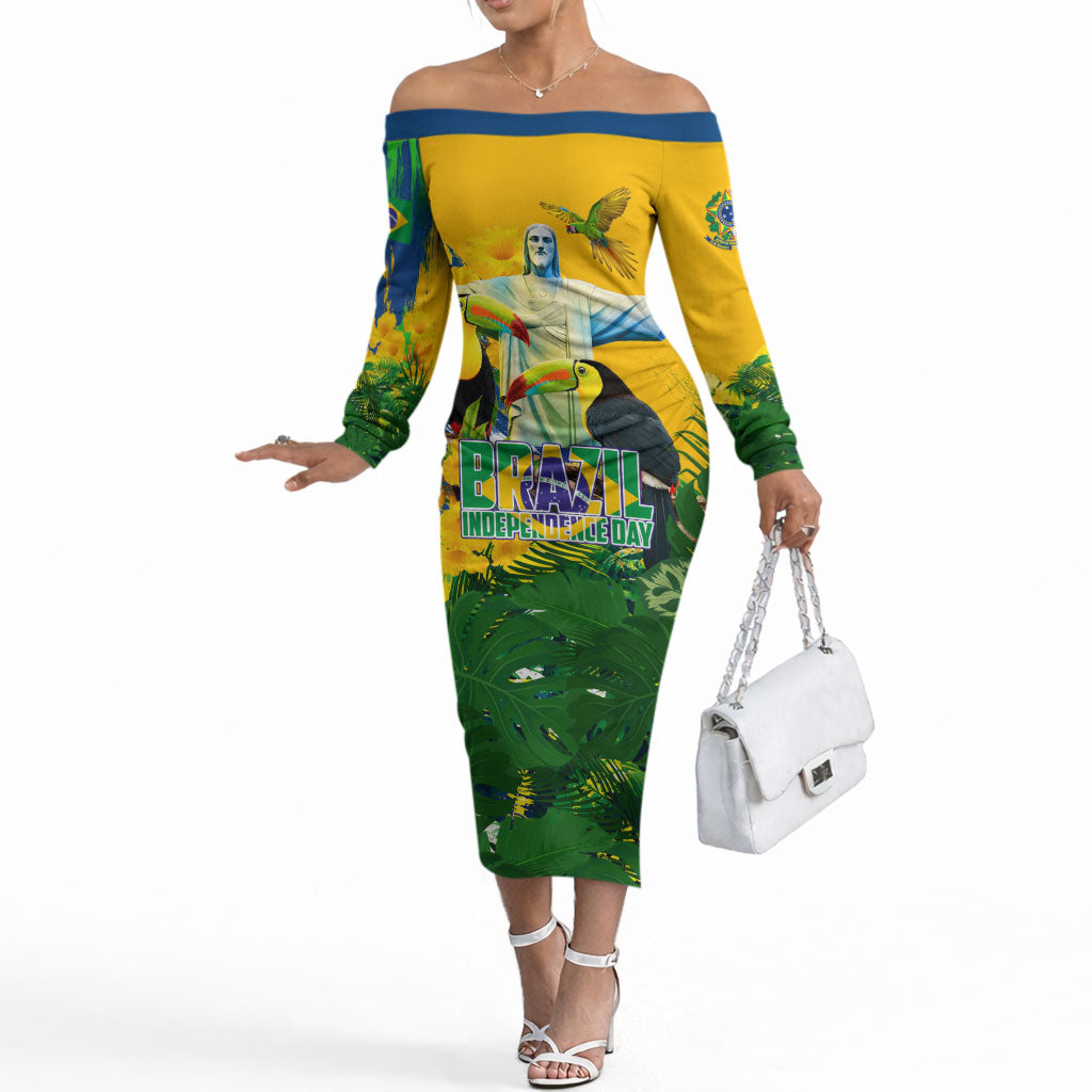 Brazil Independence Day Off The Shoulder Long Sleeve Dress One Nation One Heart - Tropical Toucan Macaw Christ Redeemer