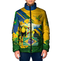Brazil Independence Day Padded Jacket One Nation One Heart - Tropical Toucan Macaw Christ Redeemer