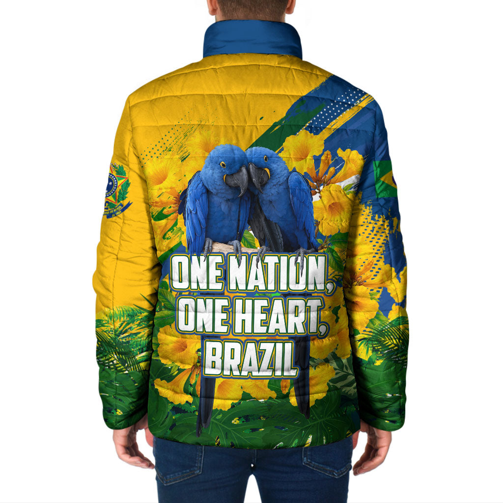 Brazil Independence Day Padded Jacket One Nation One Heart - Tropical Toucan Macaw Christ Redeemer