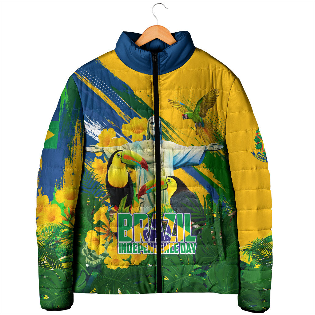 Brazil Independence Day Padded Jacket One Nation One Heart - Tropical Toucan Macaw Christ Redeemer