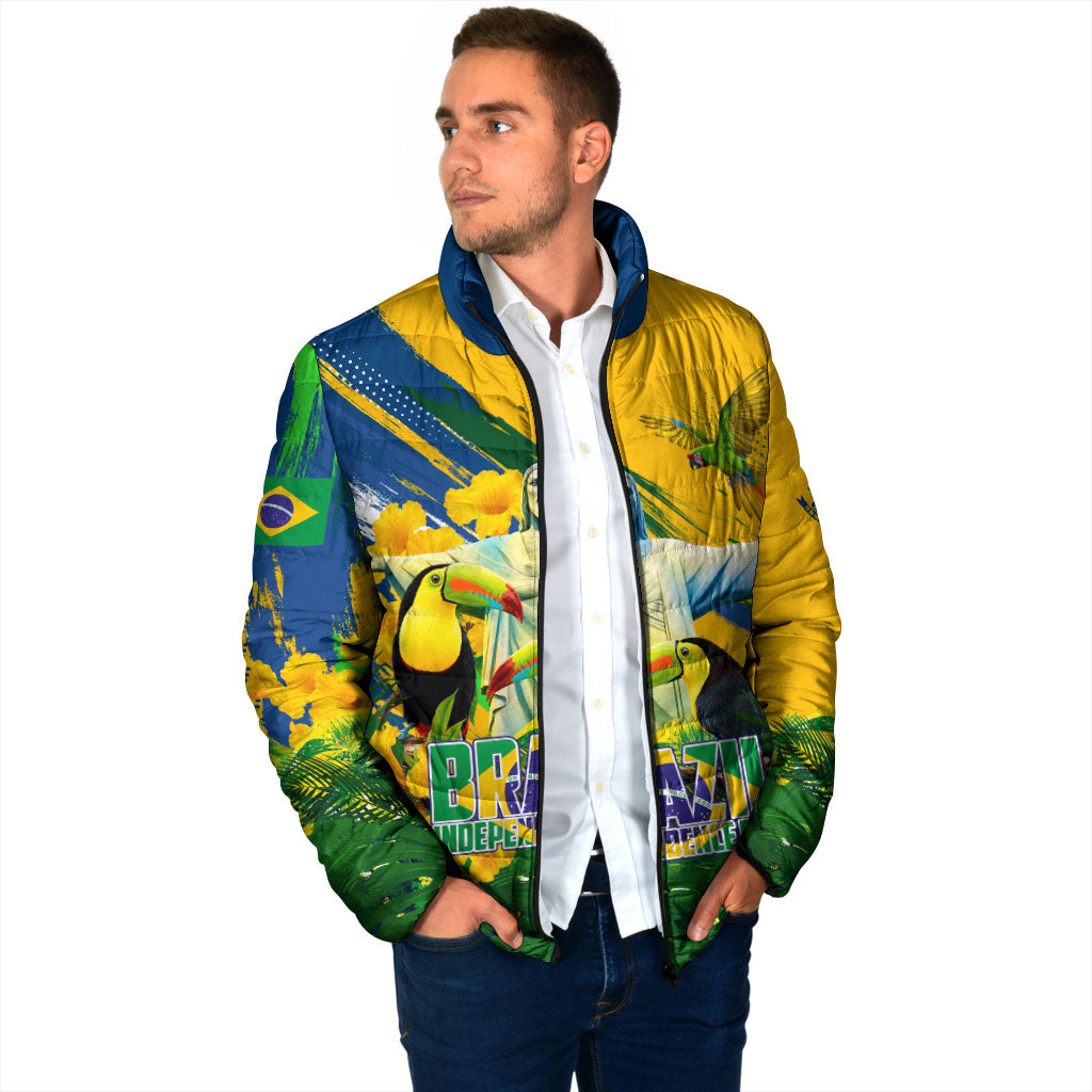Brazil Independence Day Padded Jacket One Nation One Heart - Tropical Toucan Macaw Christ Redeemer