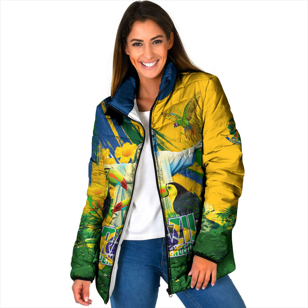 Brazil Independence Day Padded Jacket One Nation One Heart - Tropical Toucan Macaw Christ Redeemer