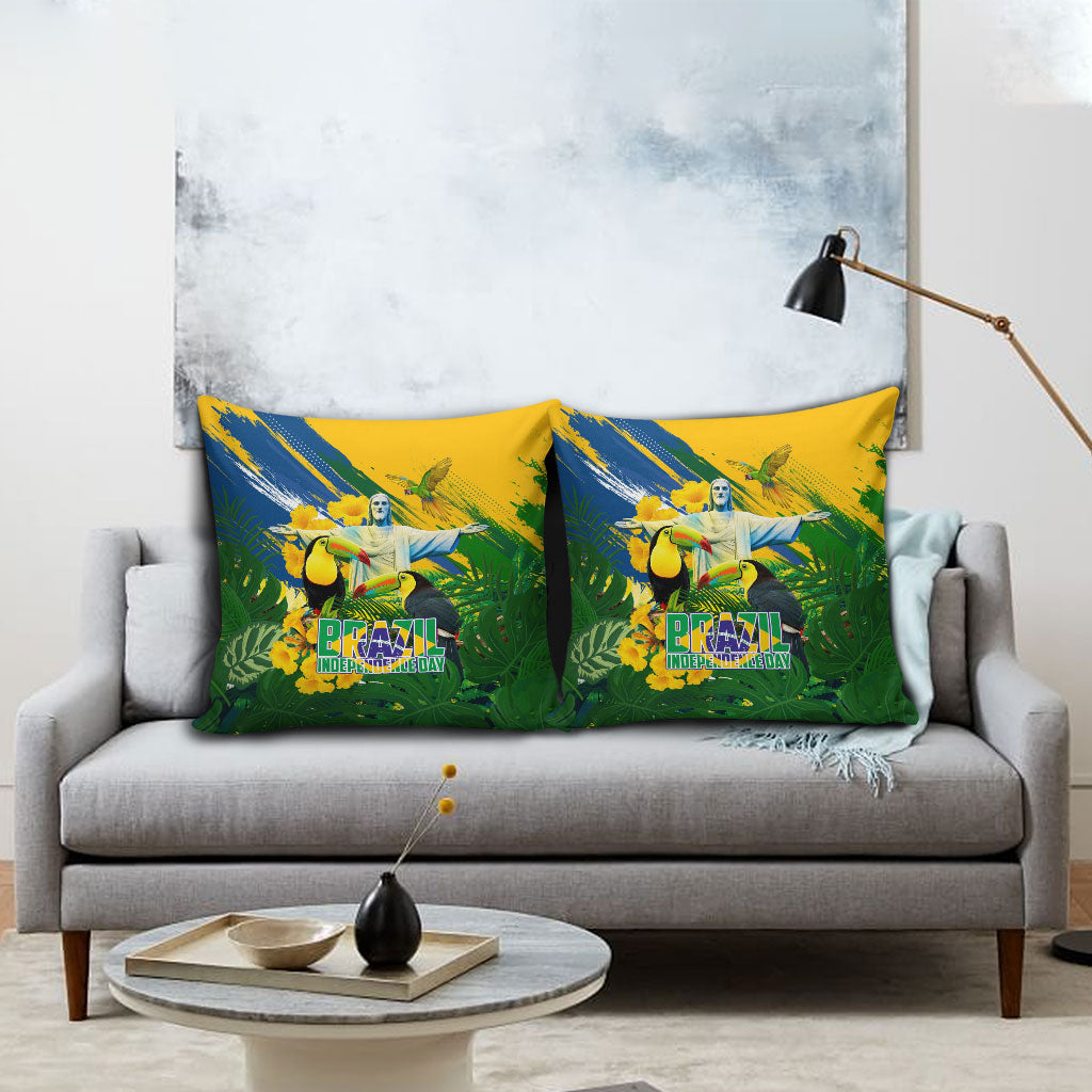 Brazil Independence Day Pillow Cover One Nation One Heart - Tropical Toucan Macaw Christ Redeemer