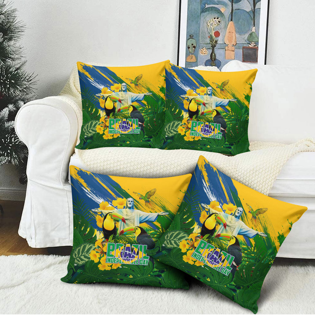 Brazil Independence Day Pillow Cover One Nation One Heart - Tropical Toucan Macaw Christ Redeemer