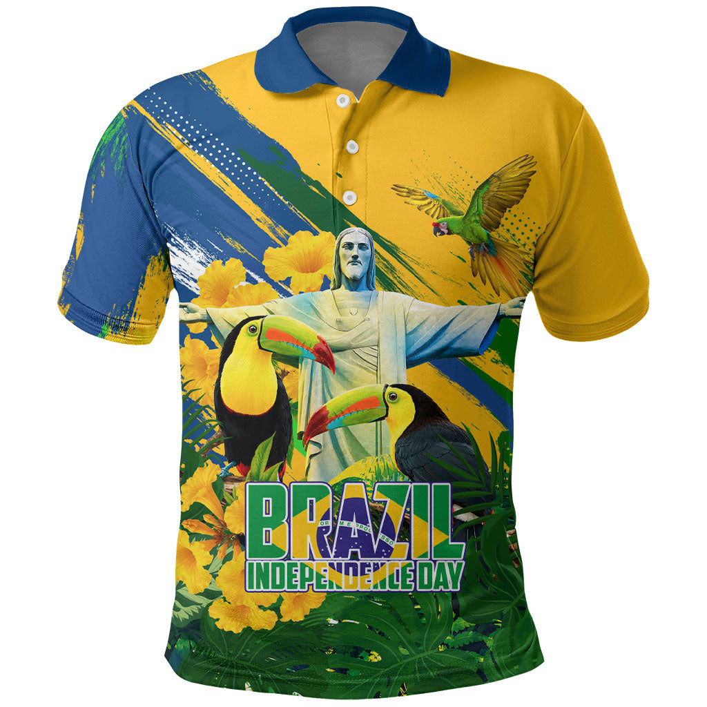 Brazil Independence Day Polo Shirt One Nation One Heart - Tropical Toucan Macaw Christ Redeemer