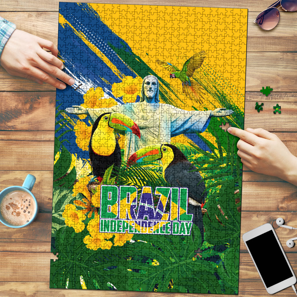 Brazil Independence Day Puzzle One Nation One Heart - Tropical Toucan Macaw Christ Redeemer