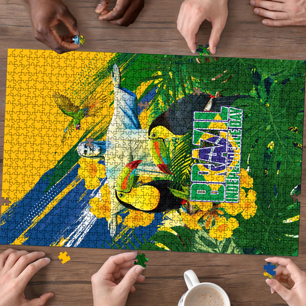 Brazil Independence Day Puzzle One Nation One Heart - Tropical Toucan Macaw Christ Redeemer
