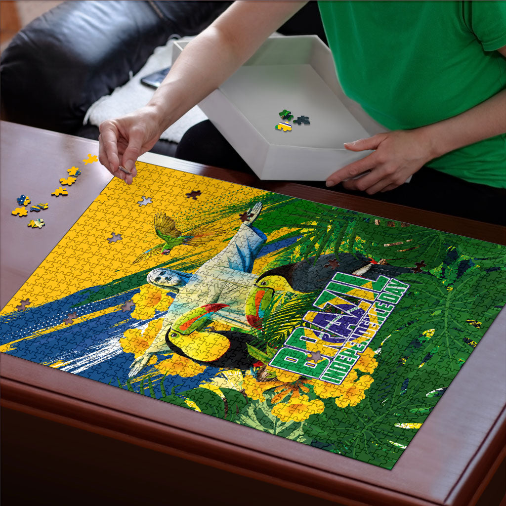 Brazil Independence Day Puzzle One Nation One Heart - Tropical Toucan Macaw Christ Redeemer