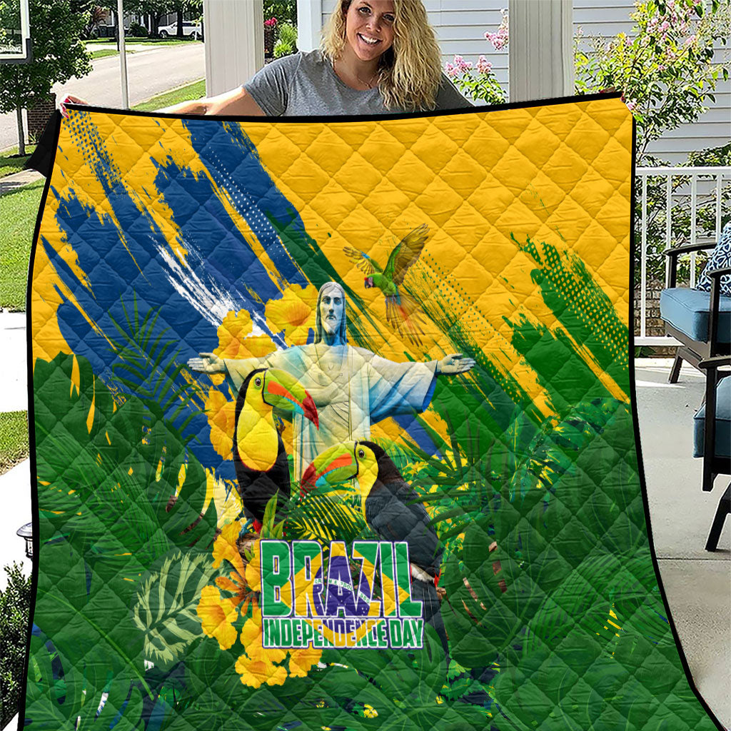Brazil Independence Day Quilt One Nation One Heart - Tropical Toucan Macaw Christ Redeemer