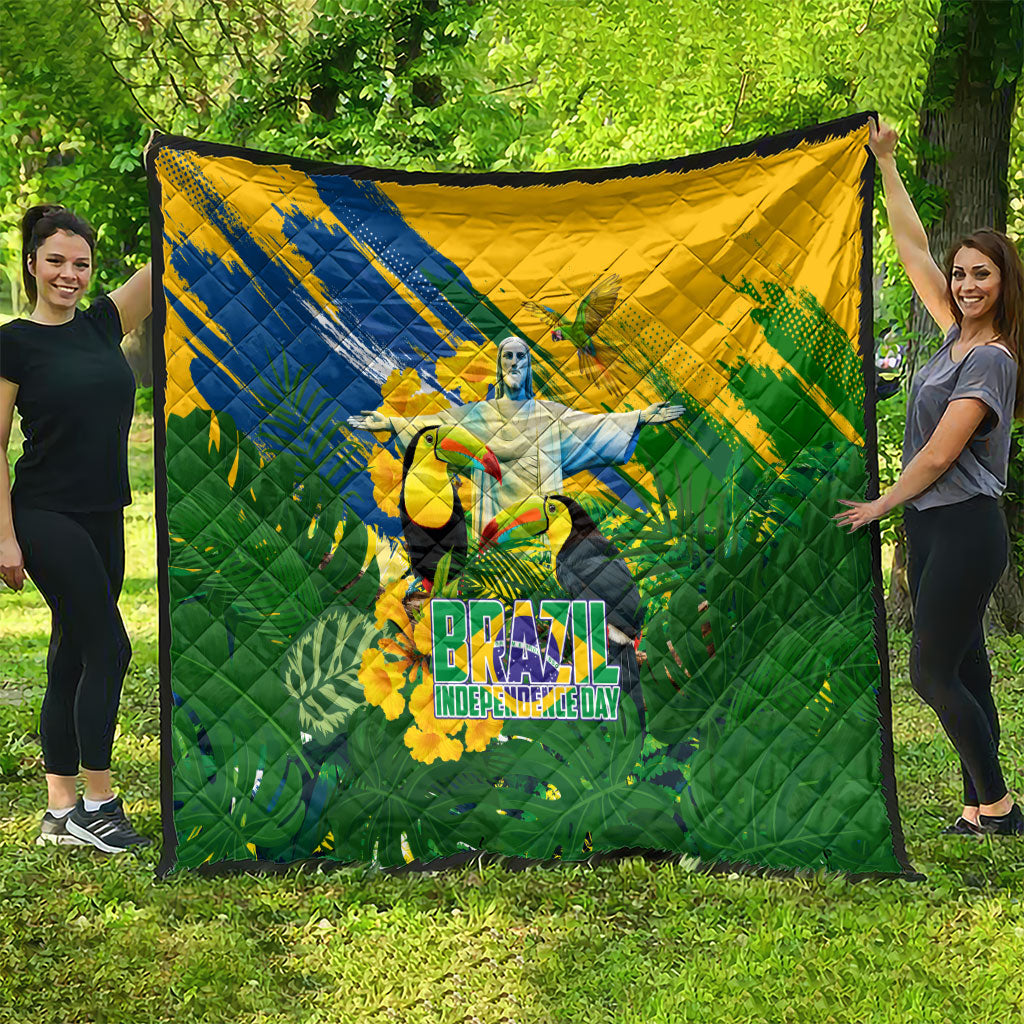 Brazil Independence Day Quilt One Nation One Heart - Tropical Toucan Macaw Christ Redeemer