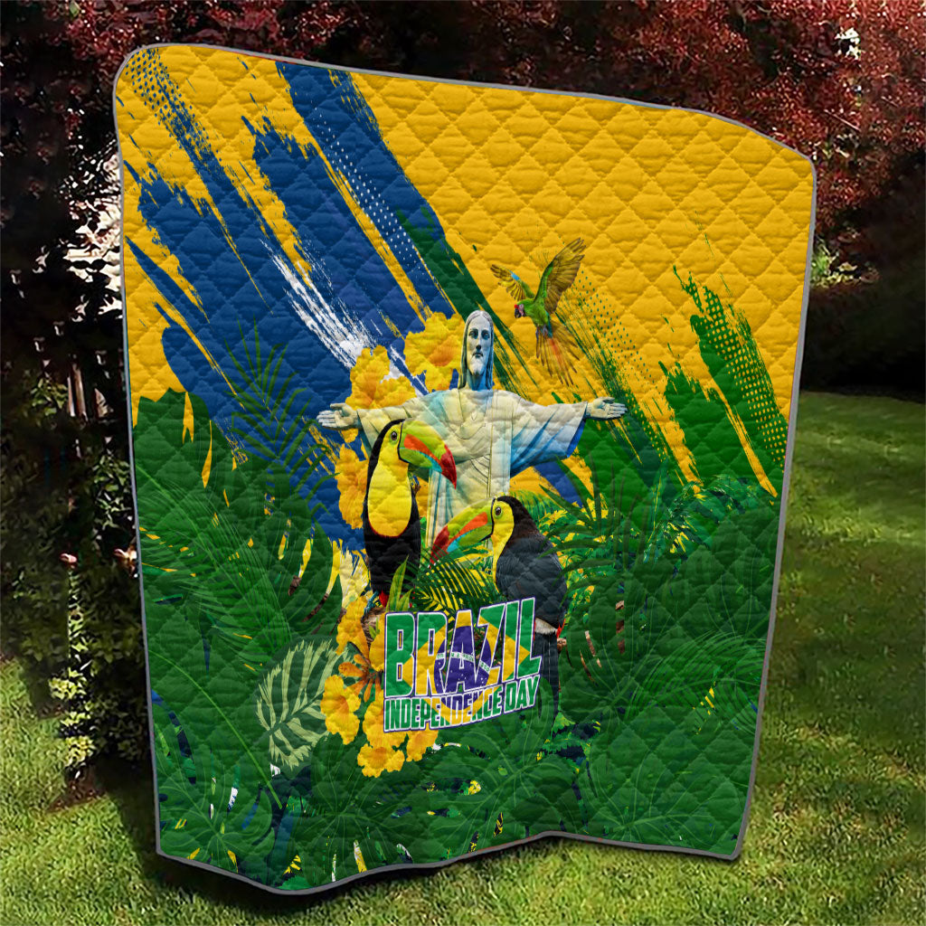 Brazil Independence Day Quilt One Nation One Heart - Tropical Toucan Macaw Christ Redeemer