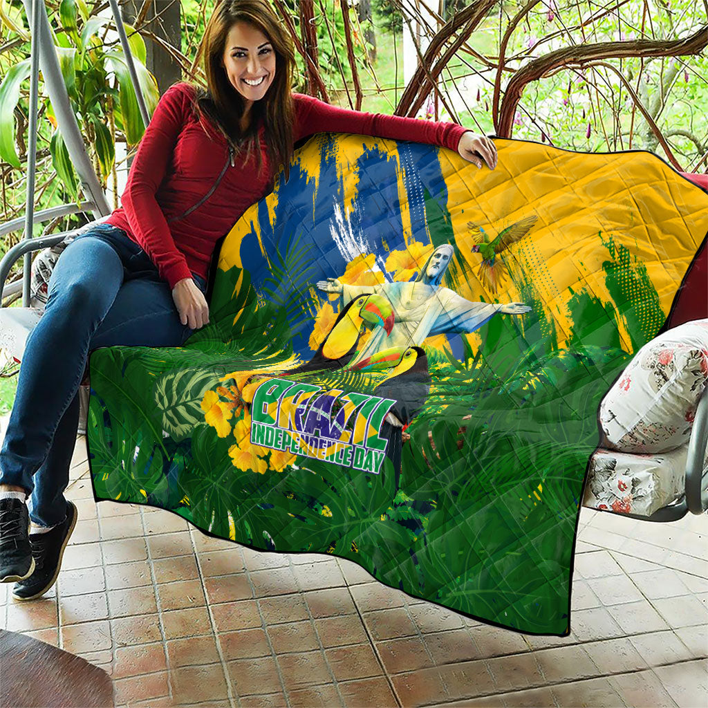 Brazil Independence Day Quilt One Nation One Heart - Tropical Toucan Macaw Christ Redeemer