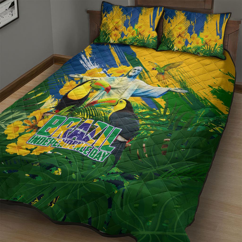 Brazil Independence Day Quilt Bed Set One Nation One Heart - Tropical Toucan Macaw Christ Redeemer