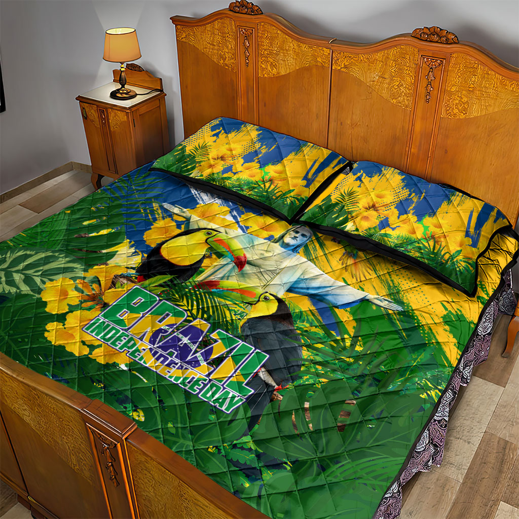 Brazil Independence Day Quilt Bed Set One Nation One Heart - Tropical Toucan Macaw Christ Redeemer