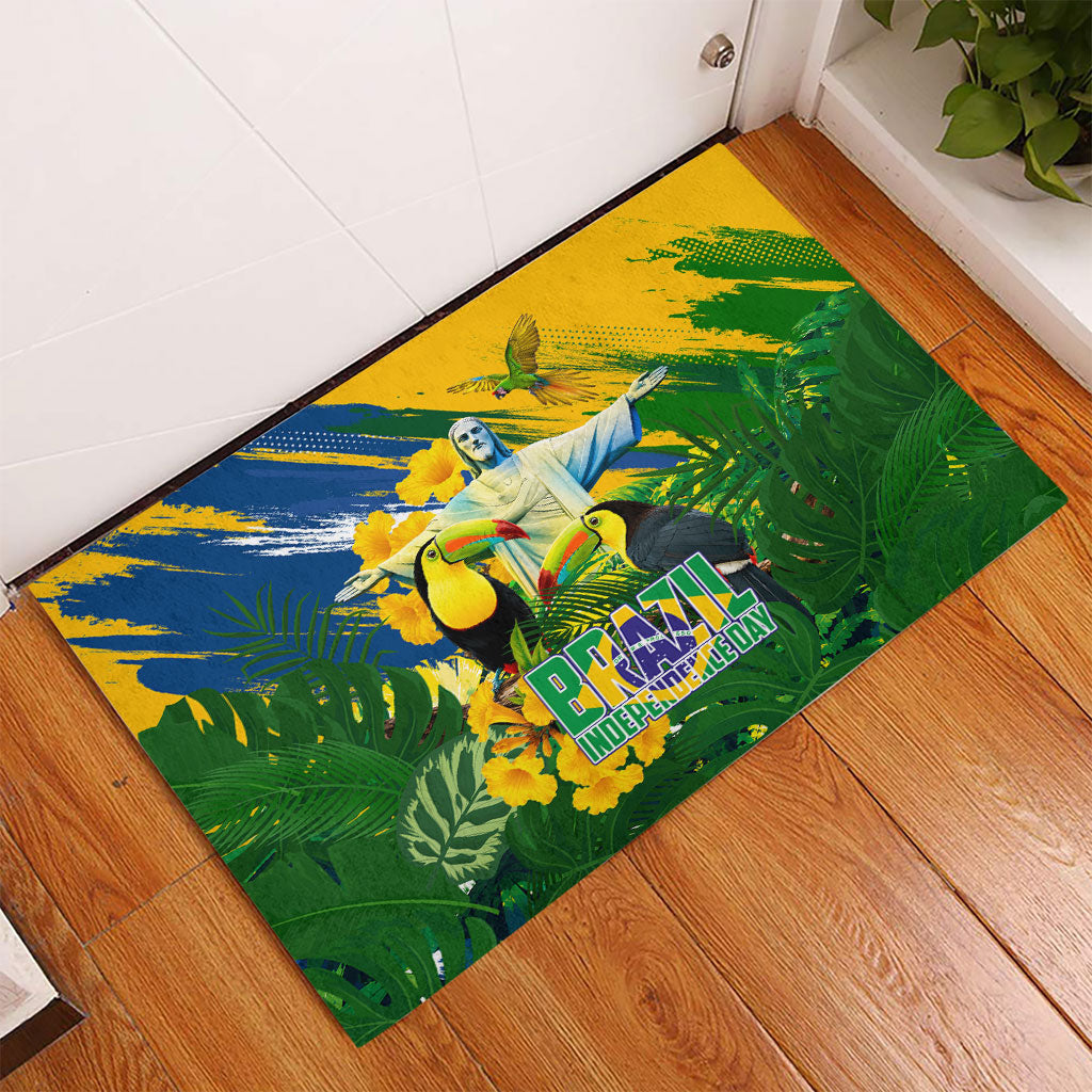 Brazil Independence Day Rubber Doormat One Nation One Heart - Tropical Toucan Macaw Christ Redeemer
