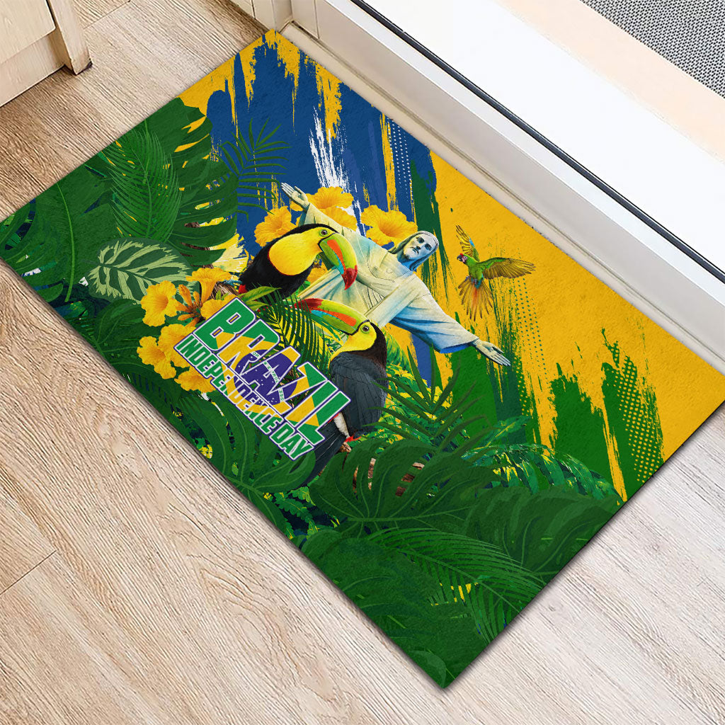 Brazil Independence Day Rubber Doormat One Nation One Heart - Tropical Toucan Macaw Christ Redeemer