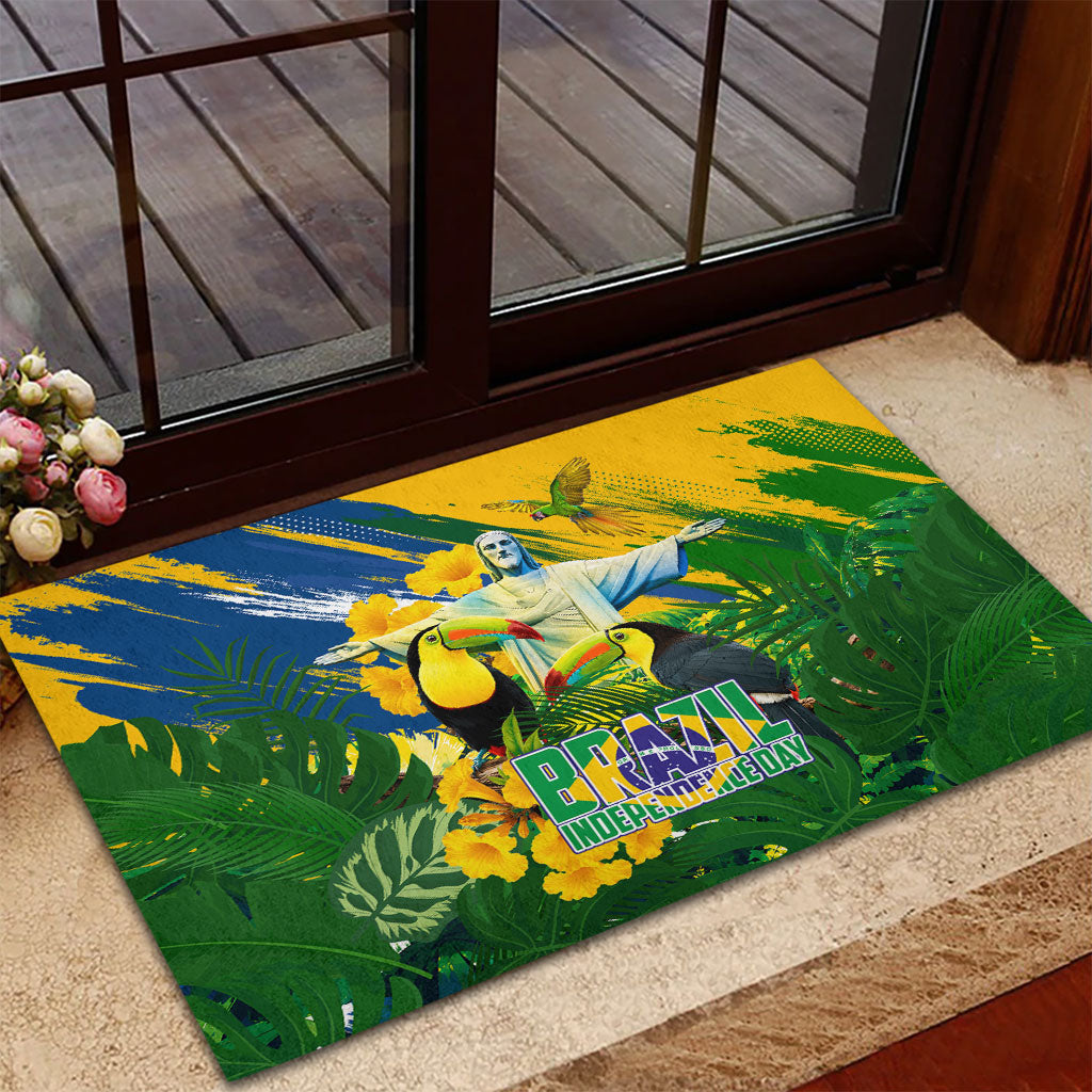 Brazil Independence Day Rubber Doormat One Nation One Heart - Tropical Toucan Macaw Christ Redeemer