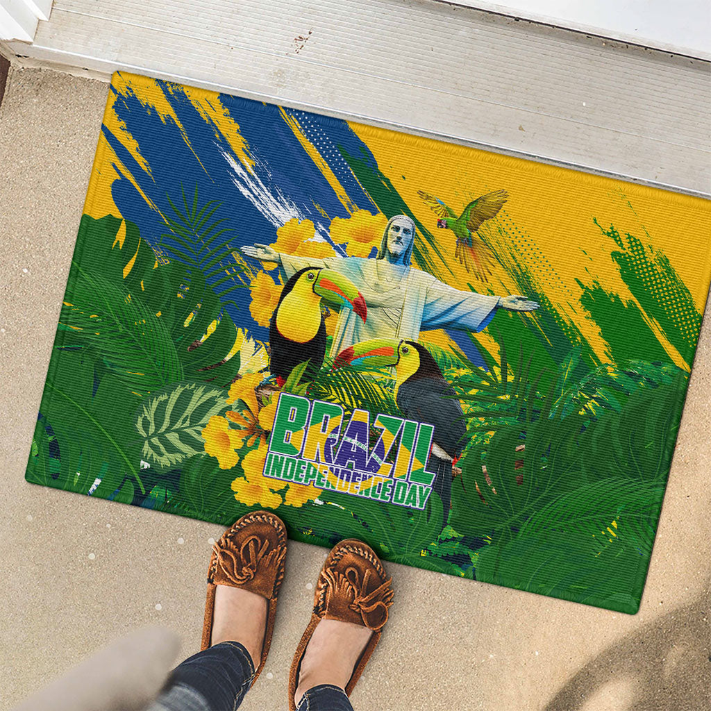 Brazil Independence Day Rubber Doormat One Nation One Heart - Tropical Toucan Macaw Christ Redeemer