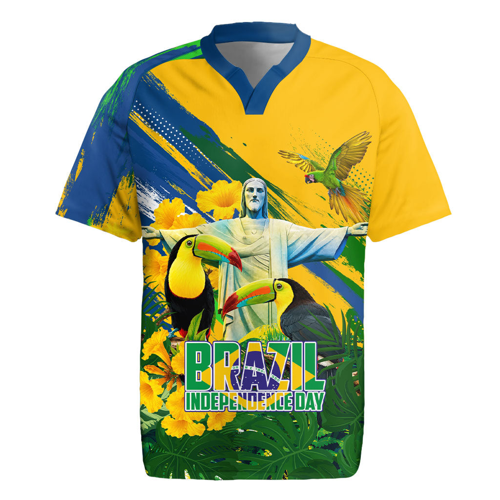 Brazil Independence Day Rugby Jersey One Nation One Heart - Tropical Toucan Macaw Christ Redeemer