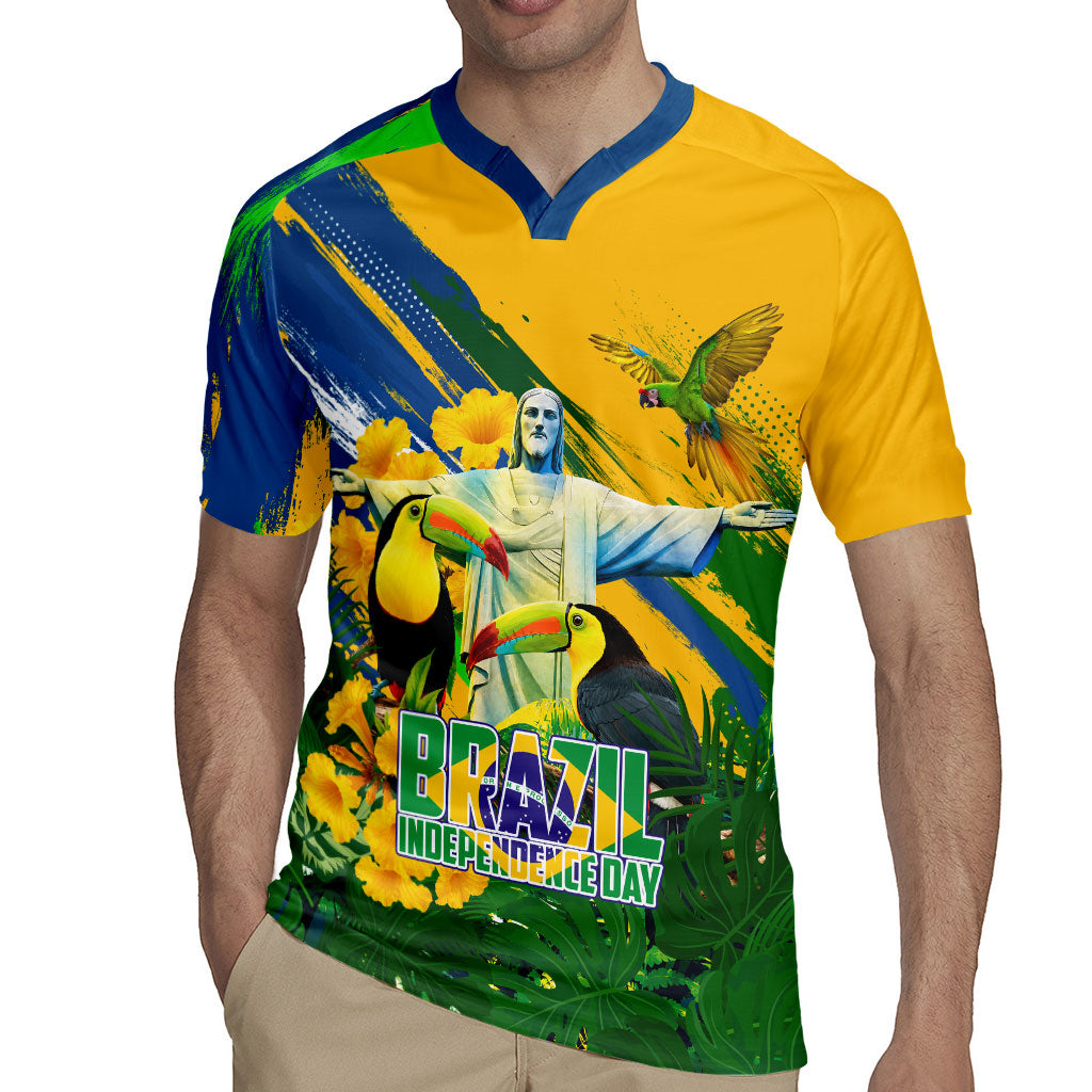 Brazil Independence Day Rugby Jersey One Nation One Heart - Tropical Toucan Macaw Christ Redeemer