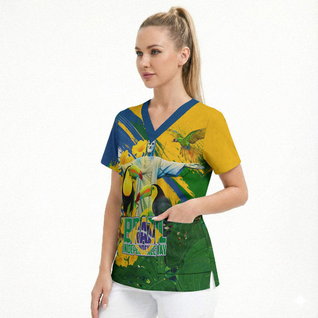 Brazil Independence Day Scrub Top One Nation One Heart - Tropical Toucan Macaw Christ Redeemer