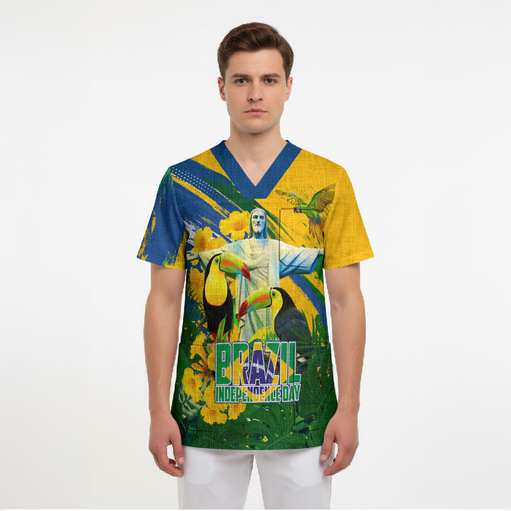 Brazil Independence Day Scrub Top One Nation One Heart - Tropical Toucan Macaw Christ Redeemer