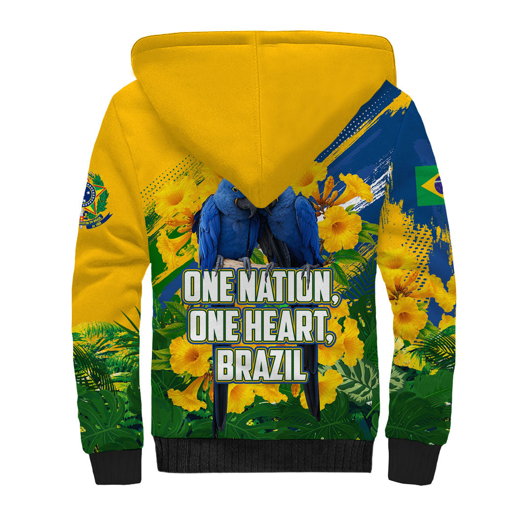 Brazil Independence Day Sherpa Hoodie One Nation One Heart - Tropical Toucan Macaw Christ Redeemer