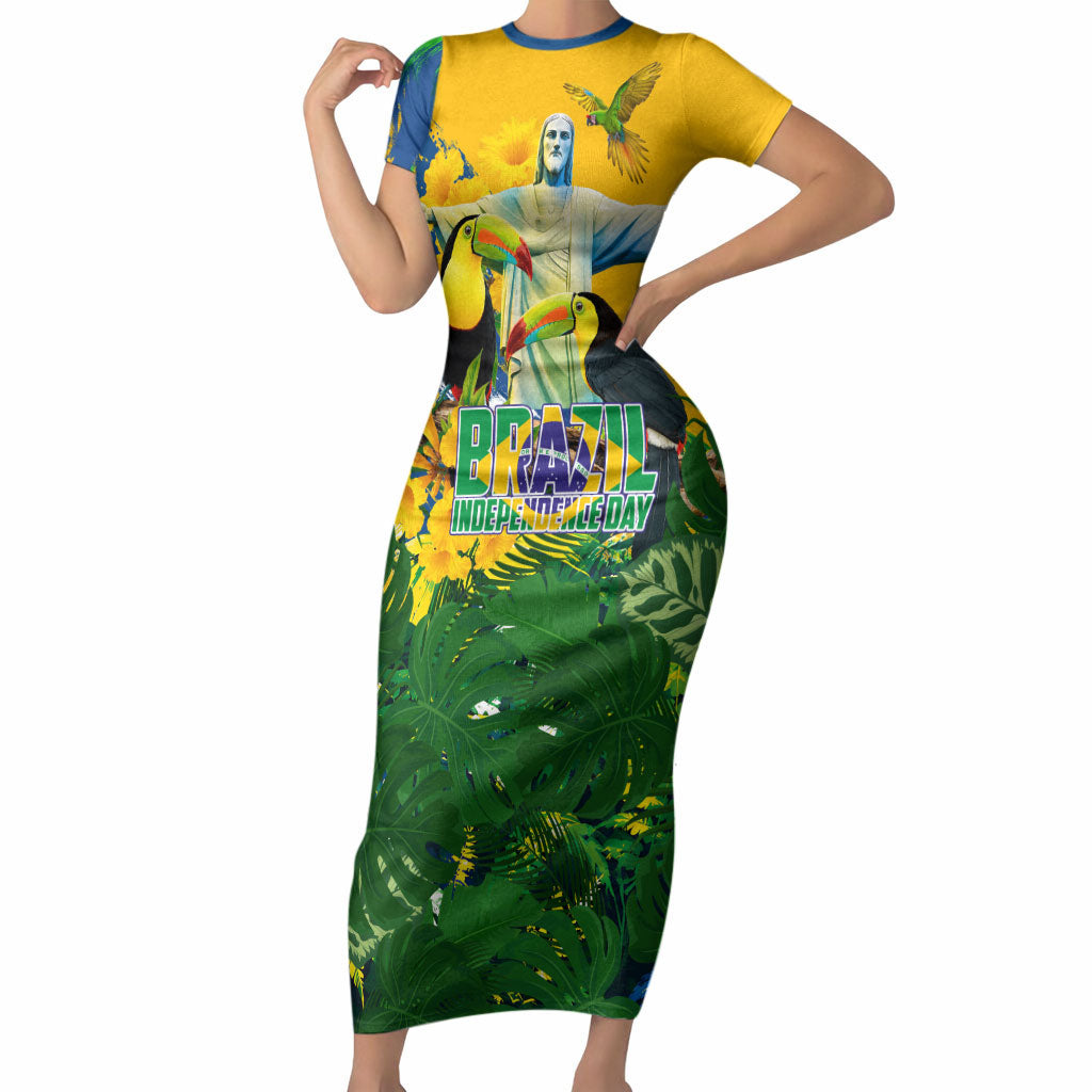 Brazil Independence Day Short Sleeve Bodycon Dress One Nation One Heart - Tropical Toucan Macaw Christ Redeemer