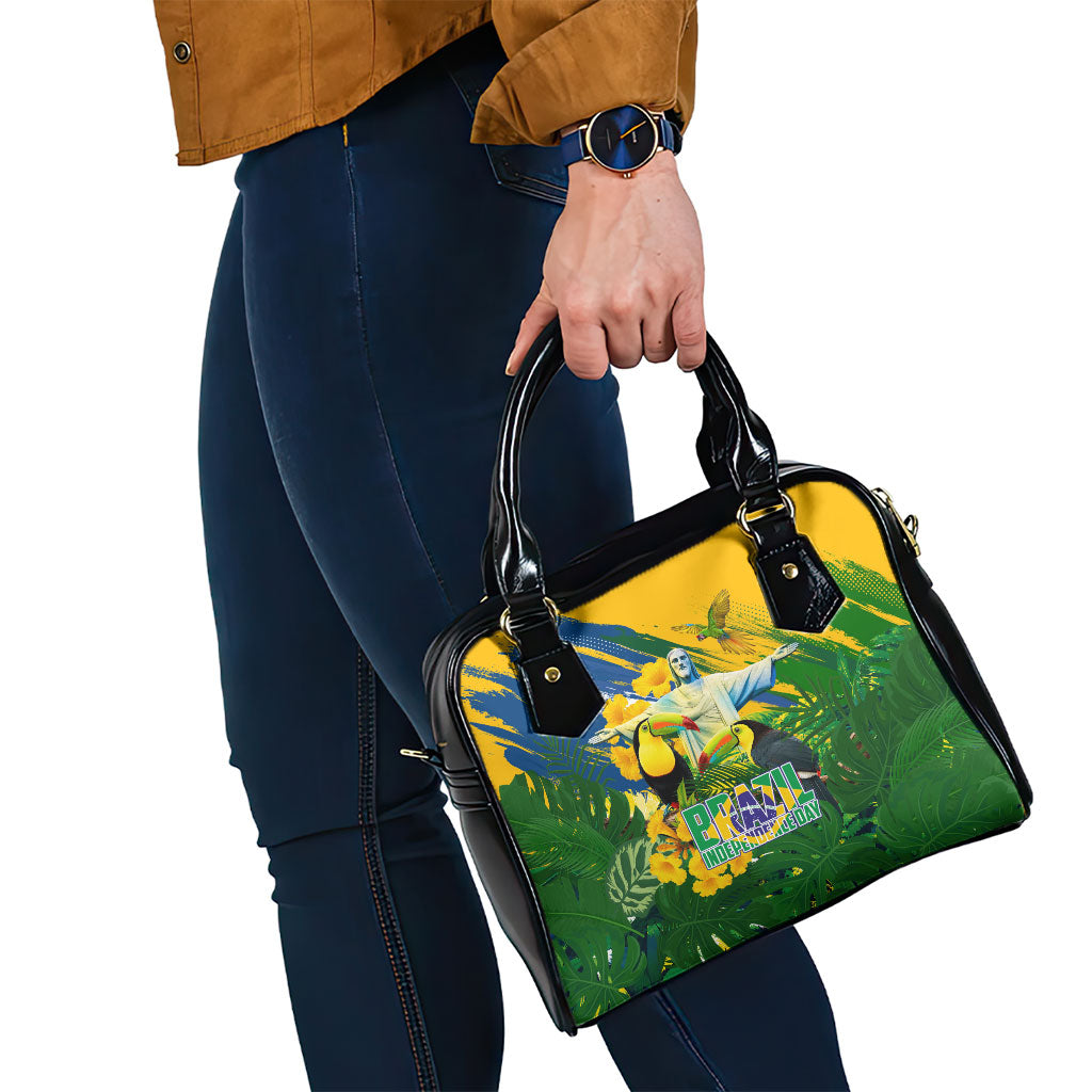Brazil Independence Day Shoulder Handbag One Nation One Heart - Tropical Toucan Macaw Christ Redeemer