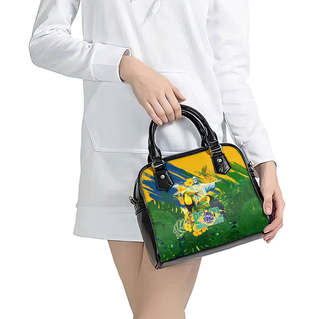 Brazil Independence Day Shoulder Handbag One Nation One Heart - Tropical Toucan Macaw Christ Redeemer