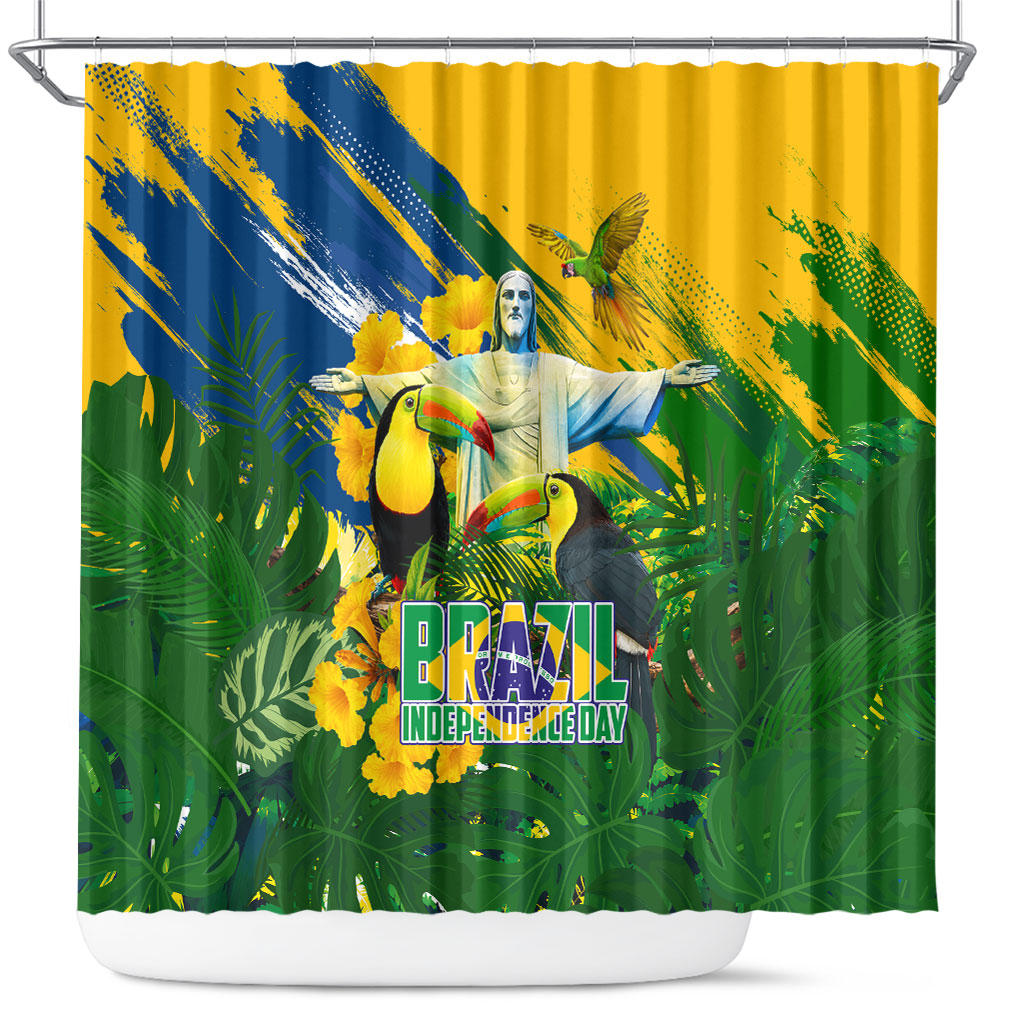 Brazil Independence Day Shower Curtain One Nation One Heart - Tropical Toucan Macaw Christ Redeemer
