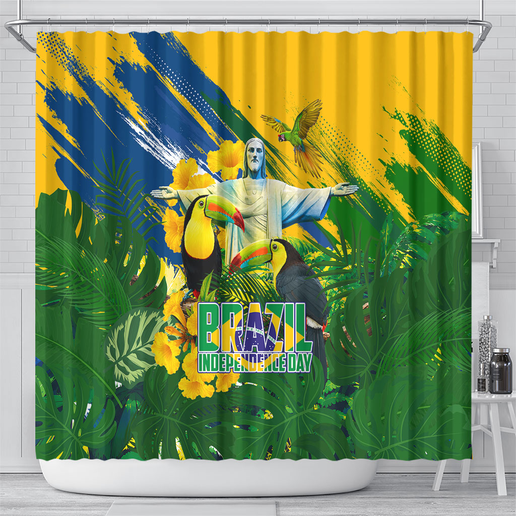 Brazil Independence Day Shower Curtain One Nation One Heart - Tropical Toucan Macaw Christ Redeemer