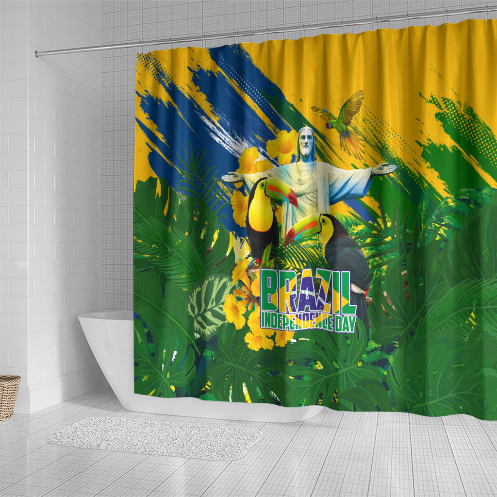 Brazil Independence Day Shower Curtain One Nation One Heart - Tropical Toucan Macaw Christ Redeemer