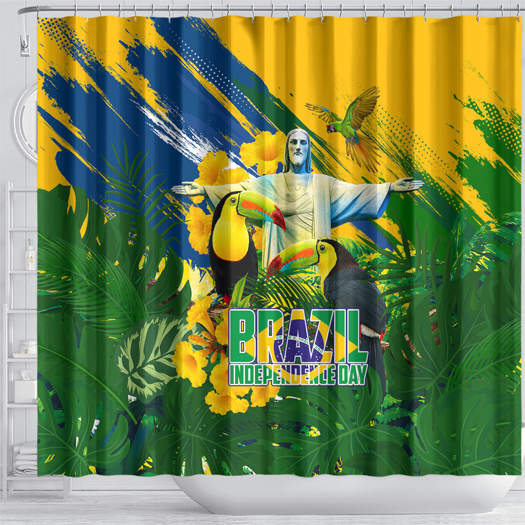 Brazil Independence Day Shower Curtain One Nation One Heart - Tropical Toucan Macaw Christ Redeemer